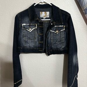 Dark Denim Cropped Jacket with Embellishments